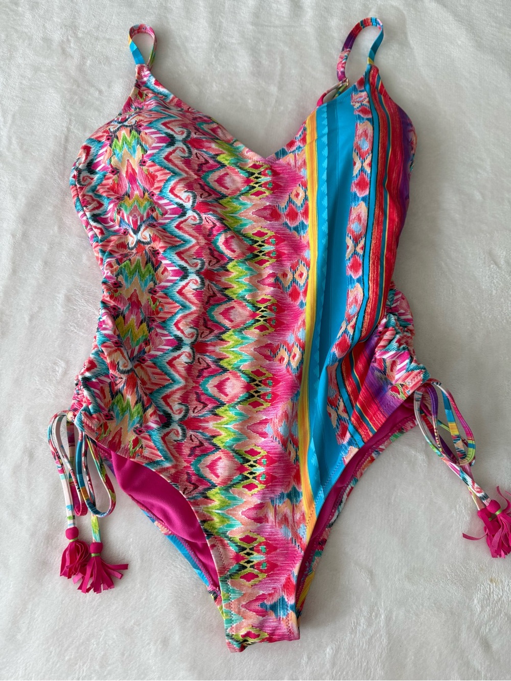 Johnny Was Francesca Printed One-Piece Swimsuit Tassels XL D88